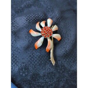 Vintage Flower Pin Brooch Orange Enamel Rhinestone Flower Power  Costume Sparkle